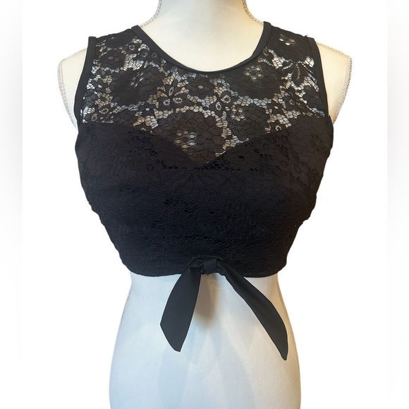 Black Lace Tie-Front Sheer Crop Bikini Swim Top Size Small - Picture 1 of 5